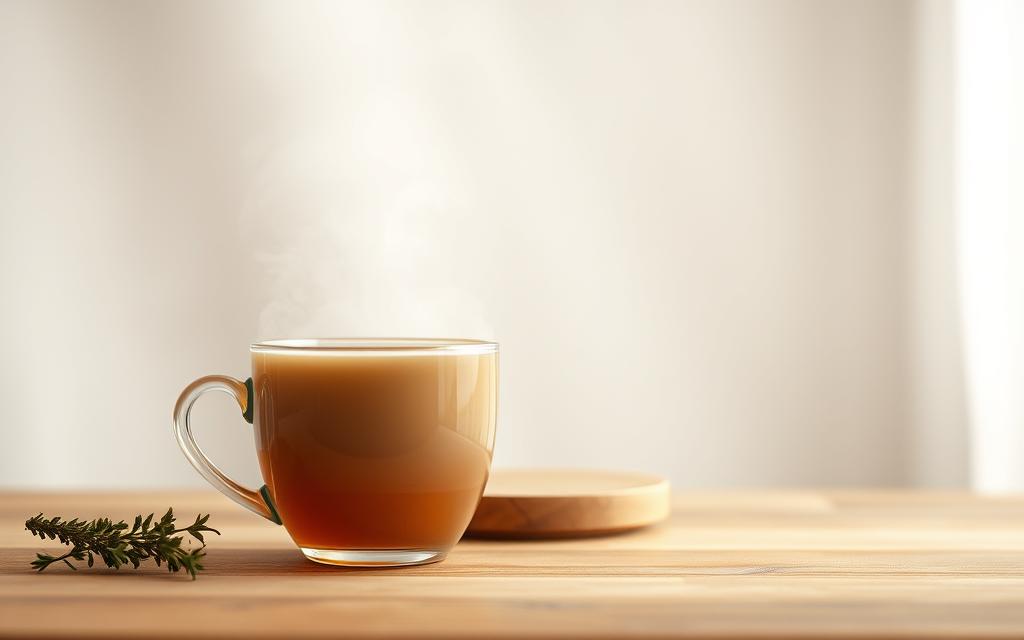 A cozy, inviting scene of a steaming cup of herbal tea, set against a serene, minimalist backdrop. The cup is positioned in the foreground, its fragrant steam rising gently. The tea's warm, amber hue reflects the calming, soothing nature of the beverage. The middle ground features a simple, wooden table or surface, lending a natural, rustic touch. In the background, a soft, blurred pattern or texture, perhaps a subtle wallpaper or fabric, creates a sense of tranquility. Soft, indirect lighting bathes the scene, casting a gentle, therapeutic glow. The overall atmosphere evokes a sense of mindfulness, relaxation, and respite from anxiety. A cozy, inviting scene of a steaming cup of herbal tea, set against a serene, minimalist backdrop. The cup is positioned in the foreground, its fragrant steam rising gently. The tea's warm, amber hue reflects the calming, soothing nature of the beverage. The middle ground features a simple, wooden table or surface, lending a natural, rustic touch. In the background, a soft, blurred pattern or texture, perhaps a subtle wallpaper or fabric, creates a sense of tranquility. Soft, indirect lighting bathes the scene, casting a gentle, therapeutic glow. The overall atmosphere evokes a sense of mindfulness, relaxation, and respite from anxiety.