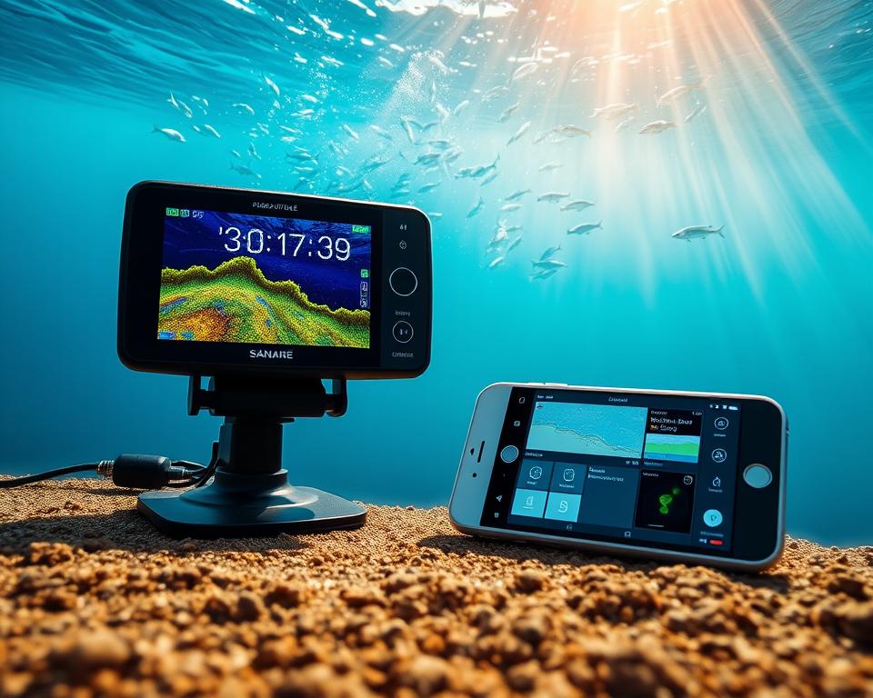 A digital fishing tools setup in a tranquil, underwater scene. In the foreground, a high-resolution sonar display shows a detailed view of the seabed and the schools of fish swimming above. In the middle ground, a sleek, modern smartphone or tablet serves as the command center, its screen displaying various fishing apps and data visualizations. In the background, the serene, blue-hued waters are dotted with shafts of warm, golden light filtering down from the surface, creating a calm, serene atmosphere. The overall scene conveys the power and utility of digital fishing tools in unlocking the secrets of the underwater world.