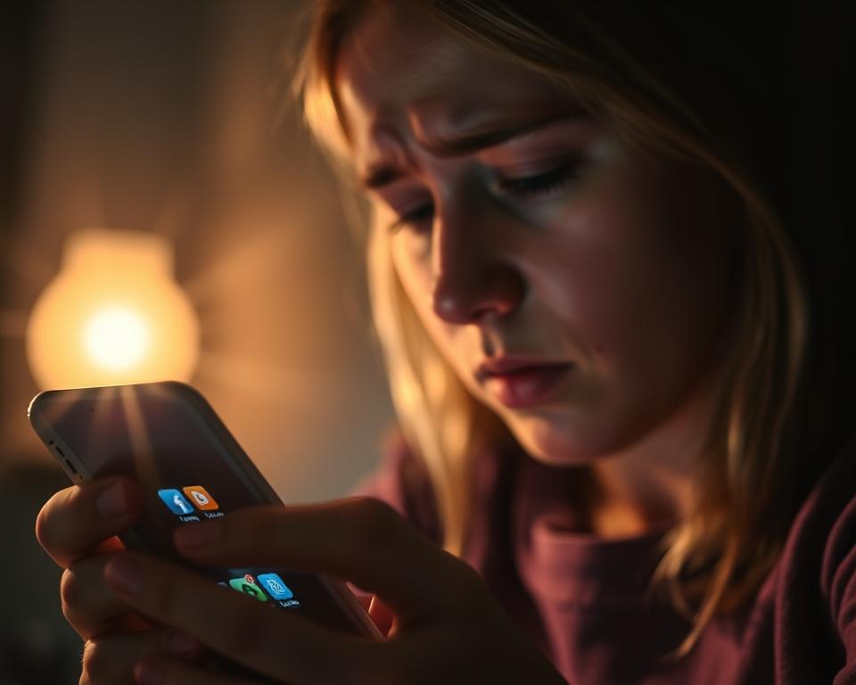 A dimly lit room, a child's smartphone screen glowing, casting shadows on the worried parent's face. In the foreground, app icons representing messaging, social media, and gaming platforms, hinting at the potential risks of unsupervised online activity. The background blurred, suggesting the parent's focus on the device, concerned expression conveying the importance of monitoring their child's digital interactions. Soft, warm lighting illuminates the scene, creating an atmosphere of contemplation and care. Lens flare from the smartphone screen adds depth and a sense of unease, underscoring the need for vigilance in the digital age.