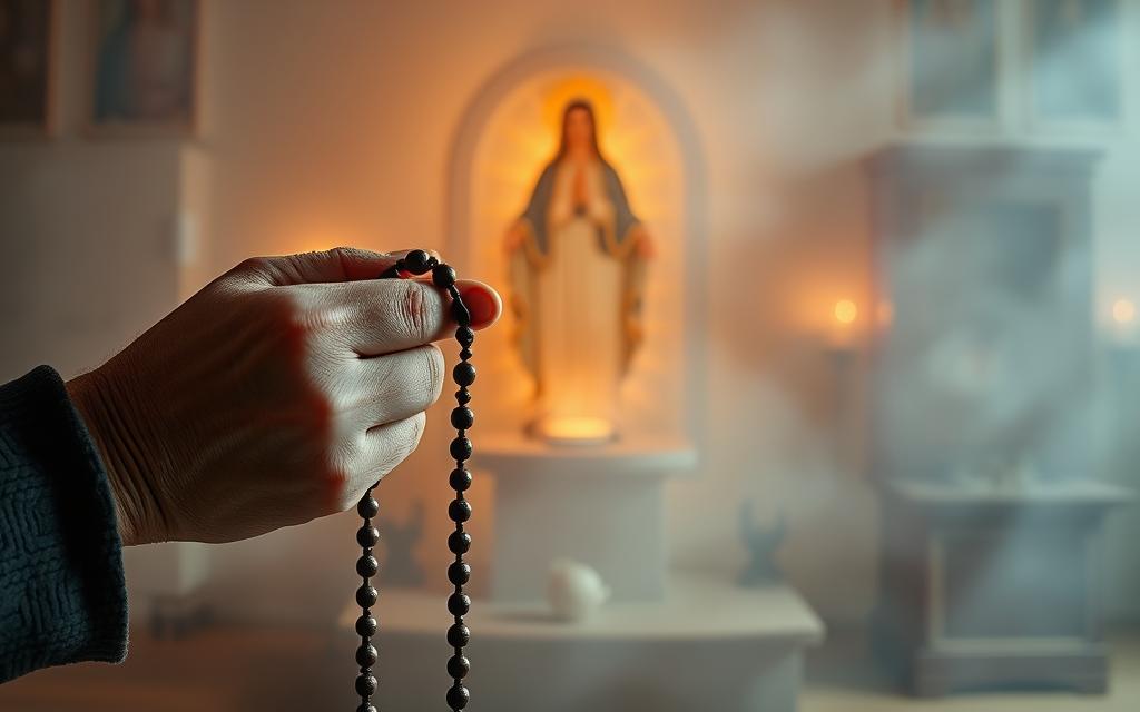 A serene and contemplative scene of the rosary prayer. In the foreground, a pair of weathered hands carefully hold a string of intricate rosary beads, their movements gentle and reverent. The middle ground features a softly lit religious icon, a depiction of the Virgin Mary, her expression one of tranquil grace. The background is a hazy, atmospheric landscape, perhaps a chapel interior or a dimly lit room, infused with a sense of quiet spirituality. The lighting is warm and muted, creating a peaceful, meditative ambiance. The overall composition conveys the sacred nature of the rosary prayer, inviting the viewer to pause and reflect. A serene and contemplative scene of the rosary prayer. In the foreground, a pair of weathered hands carefully hold a string of intricate rosary beads, their movements gentle and reverent. The middle ground features a softly lit religious icon, a depiction of the Virgin Mary, her expression one of tranquil grace. The background is a hazy, atmospheric landscape, perhaps a chapel interior or a dimly lit room, infused with a sense of quiet spirituality. The lighting is warm and muted, creating a peaceful, meditative ambiance. The overall composition conveys the sacred nature of the rosary prayer, inviting the viewer to pause and reflect.
