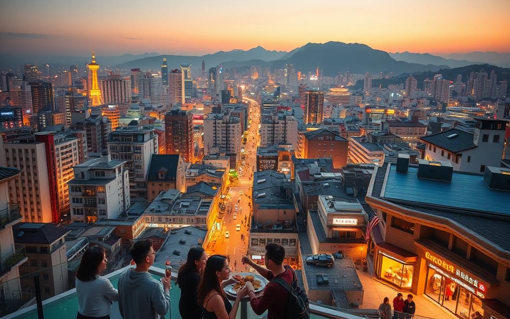 A sprawling cityscape of Seoul at dusk, the iconic high-rise buildings and neon-lit streets bathed in warm, golden light. In the foreground, a group of friends gather on a rooftop terrace, laughing and enjoying Korean delicacies as they gaze out over the glittering metropolis. The middle ground features a bustling street scene, with locals hurrying by and the warm glow of storefront windows casting a cozy ambiance. In the background, the rugged, mountainous terrain of the Korean peninsula rises up, creating a dramatic and picturesque backdrop. The overall mood is one of vibrant cultural immersion, capturing the essence of Korean dramas and the captivating world they inhabit. A sprawling cityscape of Seoul at dusk, the iconic high-rise buildings and neon-lit streets bathed in warm, golden light. In the foreground, a group of friends gather on a rooftop terrace, laughing and enjoying Korean delicacies as they gaze out over the glittering metropolis. The middle ground features a bustling street scene, with locals hurrying by and the warm glow of storefront windows casting a cozy ambiance. In the background, the rugged, mountainous terrain of the Korean peninsula rises up, creating a dramatic and picturesque backdrop. The overall mood is one of vibrant cultural immersion, capturing the essence of Korean dramas and the captivating world they inhabit.