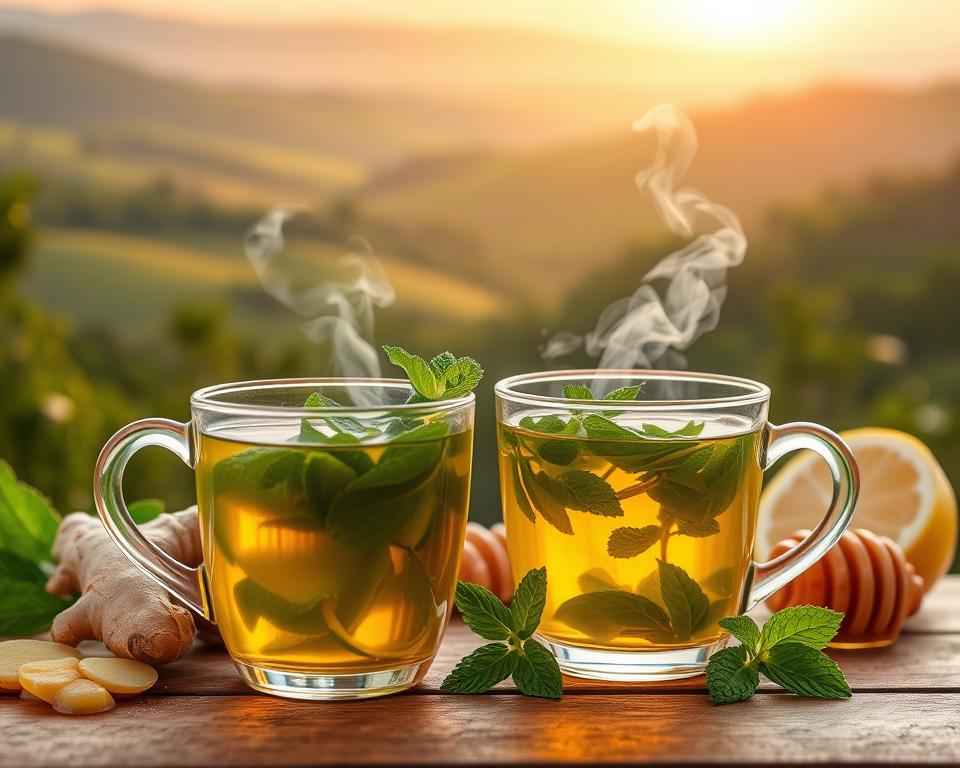 A vibrant and energizing scene showcasing the benefits of vitality tea. In the foreground, a transparent glass teacup filled with a steaming, aromatic beverage, accented by fresh green tea leaves and a sprig of mint. The middle ground features a collection of essential ingredients, such as ginger, lemon, and honey, each symbolizing the nourishing and revitalizing properties of the tea. In the background, a serene landscape of rolling hills, lush foliage, and a warm, golden sunlight filtering through, creating a sense of tranquility and well-being. The overall composition exudes a harmonious balance between the invigorating properties of the tea and the calming, rejuvenating atmosphere, inviting the viewer to experience the benefits of this restorative beverage.