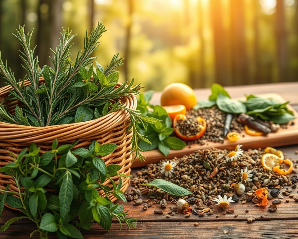 A vibrant, earthy still life showcasing a variety of aromatic herbs and botanical ingredients for a natural energy-boosting tea. In the foreground, a wicker basket overflows with lush green sprigs of rosemary, peppermint, and yerba mate. Behind it, a wooden table displays an assortment of dried tea leaves, chamomile flowers, and citrus peels, bathed in warm, golden lighting. The background features a soothing, slightly blurred forest scene, hinting at the wellness-promoting properties of the natural ingredients. The overall mood is one of vitality, balance, and holistic well-being.