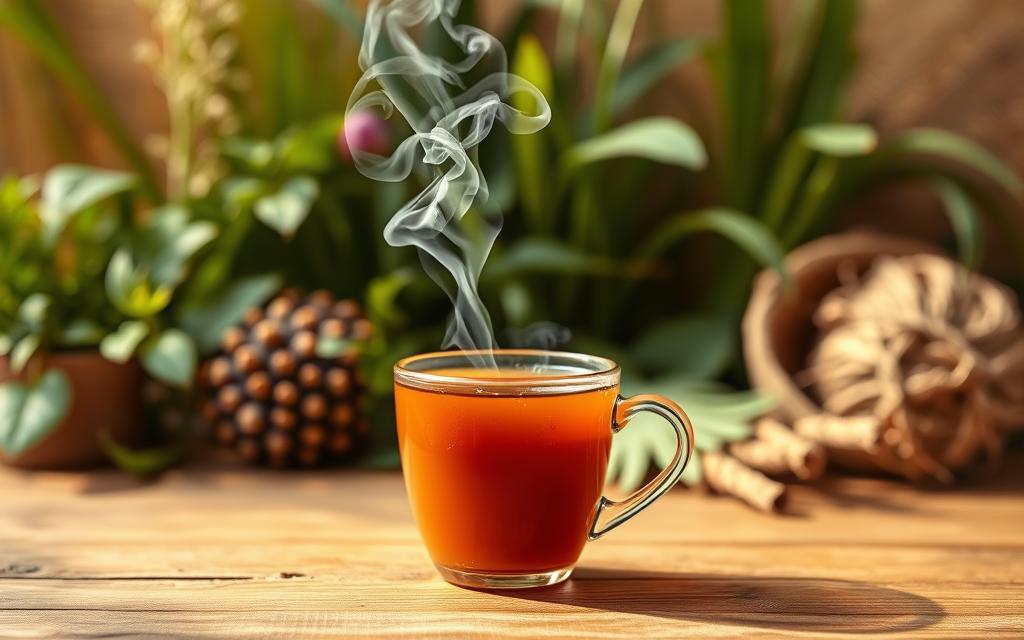 A vibrant, steaming cup of "té de vitalidad" set against a warm, natural backdrop. In the foreground, the cup emits swirling tendrils of fragrant steam, inviting the viewer to experience its invigorating essence. The tea itself is a rich, earthy hue, with subtle hints of herbal and floral notes. The middle ground features a wooden table or surface, lending a rustic, grounded feel to the scene. In the background, a softly blurred arrangement of lush, verdant plants and natural textures creates a sense of vitality and rejuvenation. The lighting is gentle, casting a golden, sun-dappled glow that enhances the overall sense of wellness and energy. The composition is balanced, drawing the eye to the captivating cup of "té de vitalidad" as the central focus. A vibrant, steaming cup of "té de vitalidad" set against a warm, natural backdrop. In the foreground, the cup emits swirling tendrils of fragrant steam, inviting the viewer to experience its invigorating essence. The tea itself is a rich, earthy hue, with subtle hints of herbal and floral notes. The middle ground features a wooden table or surface, lending a rustic, grounded feel to the scene. In the background, a softly blurred arrangement of lush, verdant plants and natural textures creates a sense of vitality and rejuvenation. The lighting is gentle, casting a golden, sun-dappled glow that enhances the overall sense of wellness and energy. The composition is balanced, drawing the eye to the captivating cup of "té de vitalidad" as the central focus.