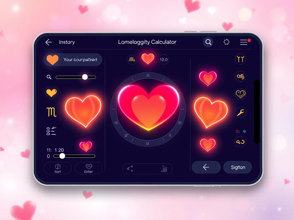 Detailed astrological compatibility calculator with glowing zodiac symbols and colorful love hearts, set against a soft, romantic background. The calculator interface features intuitive sliders and buttons, allowing users to input their and their partner's zodiac signs. A central display prominently shows the relationship compatibility score, with pleasing gradients and animations. The overall look is sleek, modern and inviting, reflecting the playful yet insightful nature of this love horoscope app. Detailed astrological compatibility calculator with glowing zodiac symbols and colorful love hearts, set against a soft, romantic background. The calculator interface features intuitive sliders and buttons, allowing users to input their and their partner's zodiac signs. A central display prominently shows the relationship compatibility score, with pleasing gradients and animations. The overall look is sleek, modern and inviting, reflecting the playful yet insightful nature of this love horoscope app.