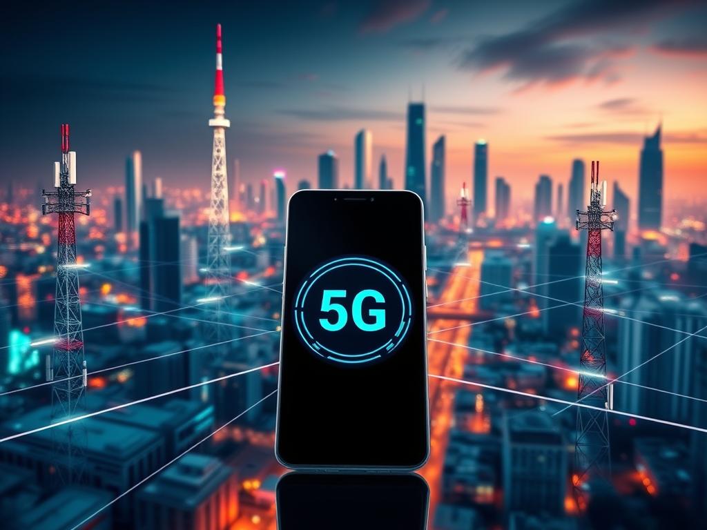 Detailed network diagram showing the 5G configuration on an Android device. In the foreground, a sleek, high-end Android smartphone displays a clear 5G signal icon. The middle ground features a series of interconnected network towers, antennas, and infrastructure elements, all rendered with precision and technical accuracy. The background depicts a modern urban landscape, complete with skyscrapers and a vibrant, futuristic atmosphere. The lighting is crisp, with a mix of natural and artificial illumination highlighting the intricate details of the 5G network components. The overall composition conveys a sense of technological advancement and seamless connectivity, perfectly suited to illustrate the section on "How to Force 5G on Android Cell Phone". Detailed network diagram showcasing the 5G configuration on an Android device. In the foreground, a sleek, high-end Android smartphone displays a clear 5G signal icon. The middle ground features a series of interconnected network towers, antennas, and infrastructure elements, all rendered with precision and technical accuracy. The background depicts a modern urban landscape, complete with skyscrapers and a vibrant, futuristic atmosphere. The lighting is crisp, with a mix of natural and artificial illumination highlighting the intricate details of the 5G network components. The overall composition conveys a sense of technological advancement and seamless connectivity, perfectly suited to illustrate the section on "Cómo Forzar 5G en Celular Android".
