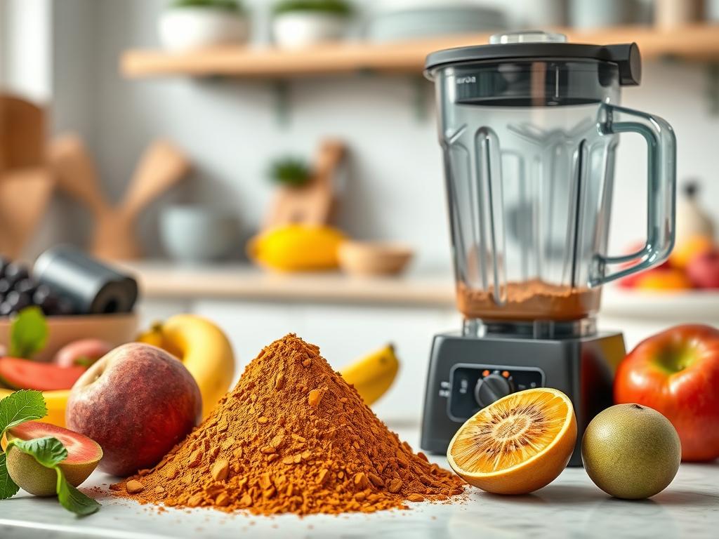 Generar una imagen de maca peruana en polvo junto a una batidora y frutas frescas Generar una imagen de maca peruana en polvo junto a una batidora y frutas frescas