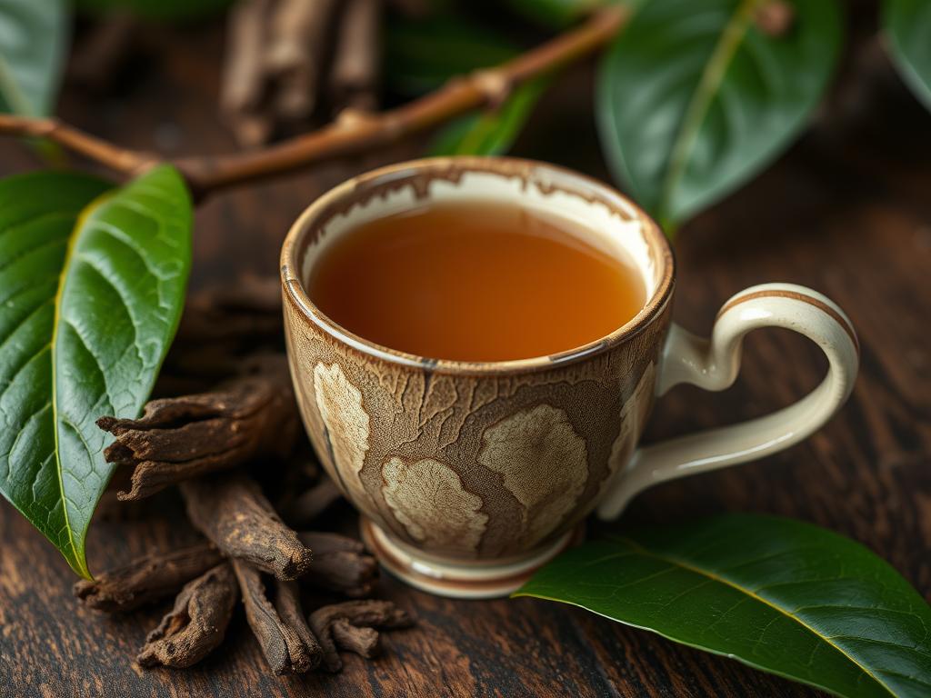 Generar una imagen de una taza de té de catuaba con la corteza de la planta amazónica Generar una imagen de una taza de té de catuaba con la corteza de la planta amazónica