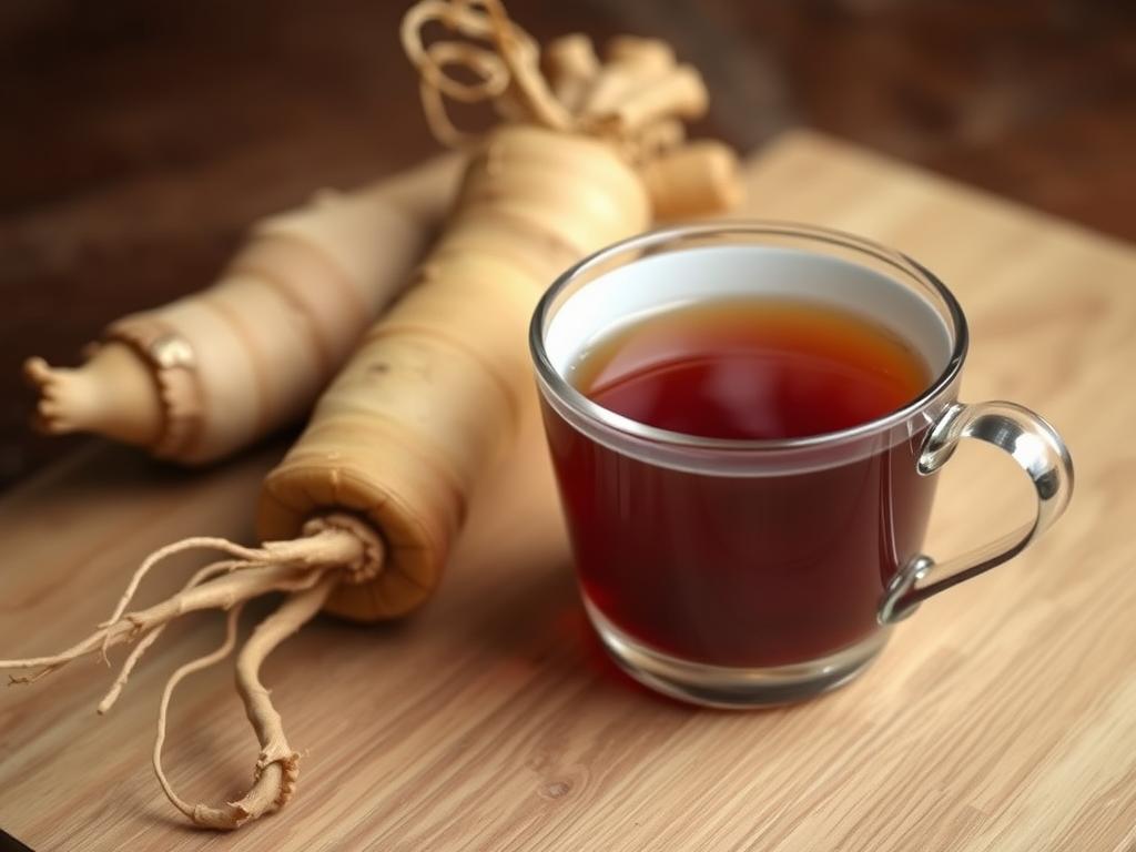 Imagen de una raíz de ginseng fresca con una taza de té al lado Imagen de una raíz de ginseng fresca con una taza de té al lado