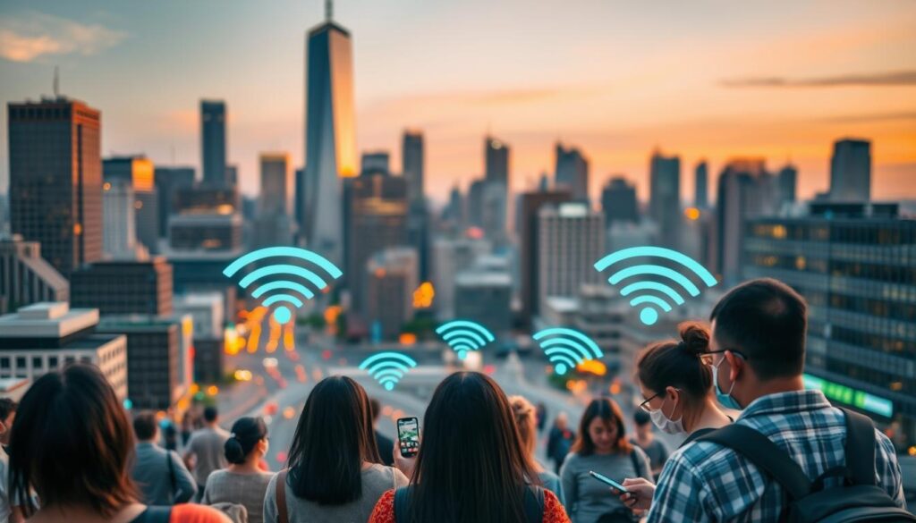 A bustling city skyline at dusk, with towering skyscrapers and criss-crossing streets. In the foreground, a group of people using their mobile devices, connected to a seamless network of public WiFi hotspots. The scene is bathed in warm, golden light, creating a sense of connectivity and accessibility. The background is slightly blurred, emphasizing the focus on the WiFi users in the center of the frame. The overall mood is one of modern, urban convenience and the ease of accessing free, reliable internet on the go. A bustling city skyline at dusk, with towering skyscrapers and criss-crossing streets. In the foreground, a group of people using their mobile devices, connected to a seamless network of public WiFi hotspots. The scene is bathed in warm, golden light, creating a sense of connectivity and accessibility. The background is slightly blurred, emphasizing the focus on the WiFi users in the center of the frame. The overall mood is one of modern, urban convenience and the ease of accessing free, reliable internet on the go.