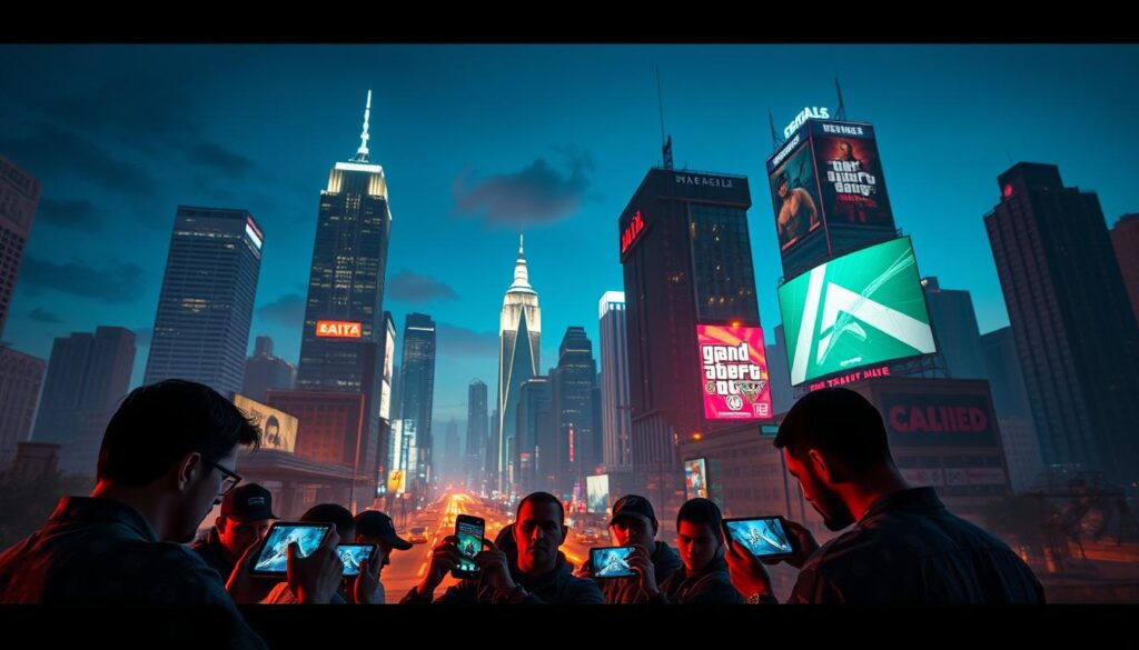 A bustling city skyline at dusk, with towering skyscrapers and neon-lit billboards illuminating the streets below. In the foreground, a group of players engage in a high-stakes heist, their faces lit by the glow of mobile device screens as they coordinate their activities in the GTA Online universe. The scene is captured with a cinematic wide-angle lens, emphasizing the scale and dynamism of the virtual world. Warm, vibrant lighting casts long shadows, creating a sense of tension and excitement. The overall mood evokes the thrill and escapism of mobile gaming, blending the cinematic grandeur of the GTA franchise with the accessibility and convenience of handheld devices. A bustling city skyline at dusk, with towering skyscrapers and neon-lit billboards illuminating the streets below. In the foreground, a group of players engage in a high-stakes heist, their faces lit by the glow of mobile device screens as they coordinate their activities in the GTA Online universe. The scene is captured with a cinematic wide-angle lens, emphasizing the scale and dynamism of the virtual world. Warm, vibrant lighting casts long shadows, creating a sense of tension and excitement. The overall mood evokes the thrill and escapism of mobile gaming, blending the cinematic grandeur of the GTA franchise with the accessibility and convenience of handheld devices.