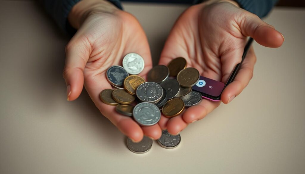 A close-up view of a person's hands holding multiple coins of different denominations, with a smartphone in the background displaying the Google Lens interface. The coins are arranged neatly on a flat, neutral-colored surface, with soft, even lighting illuminating the scene. The focus is on the coins, allowing for clear detail and texture to be observed. The overall mood is one of curiosity and exploration, inviting the viewer to imagine the process of identifying and learning about the different coins. A close-up view of a person's hands holding multiple coins of different denominations, with a smartphone in the background displaying the Google Lens interface. The coins are arranged neatly on a flat, neutral-colored surface, with soft, even lighting illuminating the scene. The focus is on the coins, allowing for clear detail and texture to be observed. The overall mood is one of curiosity and exploration, inviting the viewer to imagine the process of identifying and learning about the different coins.