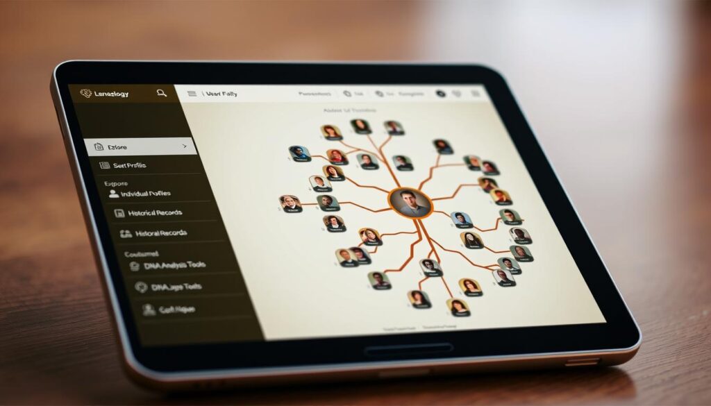 Uma interface contemporânea de aplicativo de genealogia exibida em um tablet elegante, apresentando uma elegante visualização da árvore genealógica. O primeiro plano apresenta um painel de navegação intuitivo com opções para explorar perfis individuais, registros históricos e ferramentas de análise de DNA. O plano central retrata uma árvore genealógica vibrante e com zoom, com informações biográficas detalhadas e conexões geracionais. O plano de fundo faz uma sutil alusão às opções de personalização do aplicativo, permitindo que os usuários personalizem a experiência. O clima geral é de descoberta, com uma paleta de cores acolhedora e convidativa e um design intuitivo e intuitivo que permite que os indivíduos desvendem a rica história de sua família.