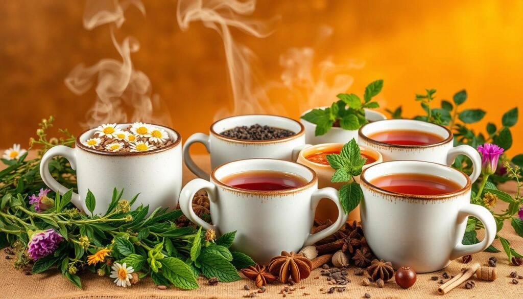 A cozy still life of artfully arranged herbal infusions, their vibrant colors and delicate steam rising against a warm, golden-hued backdrop. In the foreground, a collection of ceramic mugs and teacups, each brimming with a different herbal blend - chamomile, rooibos, peppermint. Surrounded by lush, verdant sprigs of herbs, dried flowers, and a scattering of whole spices. The overall composition exudes a sense of tranquility and wellness, inviting the viewer to pause, inhale the soothing aromas, and savor the moment. A cozy still life of artfully arranged herbal infusions, their vibrant colors and delicate steam rising against a warm, golden-hued backdrop. In the foreground, a collection of ceramic mugs and teacups, each brimming with a different herbal blend - chamomile, rooibos, peppermint. Surrounded by lush, verdant sprigs of herbs, dried flowers, and a scattering of whole spices. The overall composition exudes a sense of tranquility and wellness, inviting the viewer to pause, inhale the soothing aromas, and savor the moment.
