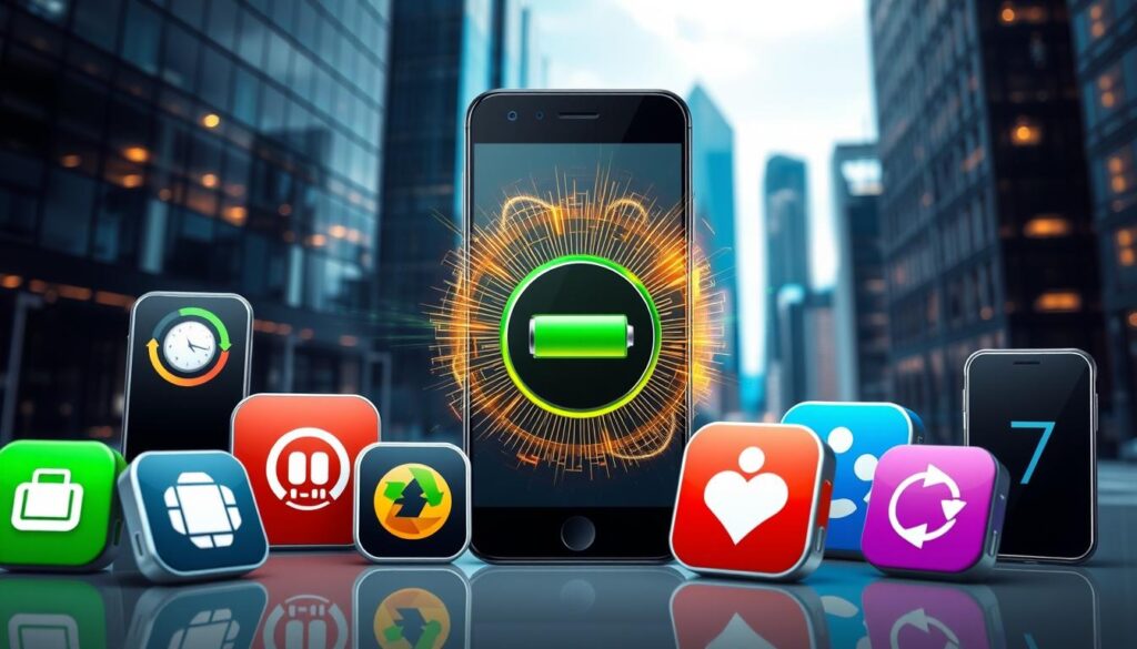 A detailed and visually engaging image of various mobile apps designed to optimize battery life on a smartphone. The foreground features several app icons with colorful, minimalist designs, representing features like power-saving mode, battery usage tracking, and battery charging optimization. The middle ground showcases a smartphone display with a battery percentage indicator, surrounded by a dynamic, glowing energy aura. The background depicts a sleek, futuristic cityscape with gleaming skyscrapers, evoking a sense of technological advancement. The lighting is clean and directional, creating depth and emphasizing the apps' visual appeal. The overall tone is one of efficiency, innovation, and the seamless integration of technology into everyday life. A detailed and visually engaging image of various mobile apps designed to optimize battery life on a smartphone. The foreground features several app icons with colorful, minimalist designs, representing features like power-saving mode, battery usage tracking, and battery charging optimization. The middle ground showcases a smartphone display with a battery percentage indicator, surrounded by a dynamic, glowing energy aura. The background depicts a sleek, futuristic cityscape with gleaming skyscrapers, evoking a sense of technological advancement. The lighting is clean and directional, creating depth and emphasizing the apps' visual appeal. The overall tone is one of efficiency, innovation, and the seamless integration of technology into everyday life.