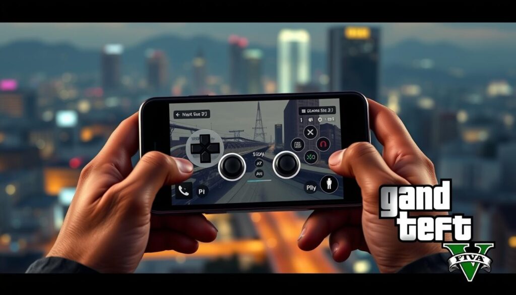 A high-resolution, detailed, and photorealistic image of the controls and interface of the mobile version of Grand Theft Auto 5. The foreground shows the player's hands holding a smartphone or tablet, with the GTA 5 mobile controls displayed prominently on the screen. The middle ground features a blurred out cityscape of Los Santos in the background, capturing the atmosphere and setting of the game. The lighting is realistic, with a soft, warm glow illuminating the controls. The camera angle is slightly angled, providing a natural and immersive perspective. The overall mood is one of excitement and engagement, conveying the thrilling experience of playing GTA 5 on a mobile device. A high-resolution, detailed, and photorealistic image of the controls and interface of the mobile version of Grand Theft Auto 5. The foreground shows the player's hands holding a smartphone or tablet, with the GTA 5 mobile controls displayed prominently on the screen. The middle ground features a blurred out cityscape of Los Santos in the background, capturing the atmosphere and setting of the game. The lighting is realistic, with a soft, warm glow illuminating the controls. The camera angle is slightly angled, providing a natural and immersive perspective. The overall mood is one of excitement and engagement, conveying the thrilling experience of playing GTA 5 on a mobile device.
