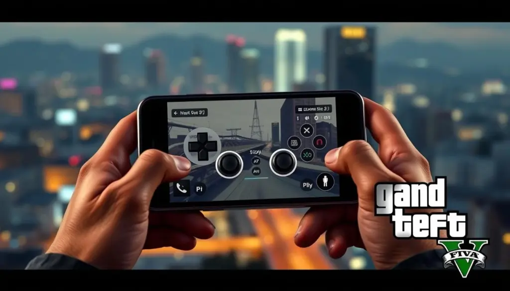 A high-resolution, detailed, and photorealistic image of the controls and interface of the mobile version of Grand Theft Auto 5. The foreground shows the player's hands holding a smartphone or tablet, with the GTA 5 mobile controls displayed prominently on the screen. The middle ground features a blurred out cityscape of Los Santos in the background, capturing the atmosphere and setting of the game. The lighting is realistic, with a soft, warm glow illuminating the controls. The camera angle is slightly angled, providing a natural and immersive perspective. The overall mood is one of excitement and engagement, conveying the thrilling experience of playing GTA 5 on a mobile device. A high-resolution, detailed, and photorealistic image of the controls and interface of the mobile version of Grand Theft Auto 5. The foreground shows the player's hands holding a smartphone or tablet, with the GTA 5 mobile controls displayed prominently on the screen. The middle ground features a blurred out cityscape of Los Santos in the background, capturing the atmosphere and setting of the game. The lighting is realistic, with a soft, warm glow illuminating the controls. The camera angle is slightly angled, providing a natural and immersive perspective. The overall mood is one of excitement and engagement, conveying the thrilling experience of playing GTA 5 on a mobile device.