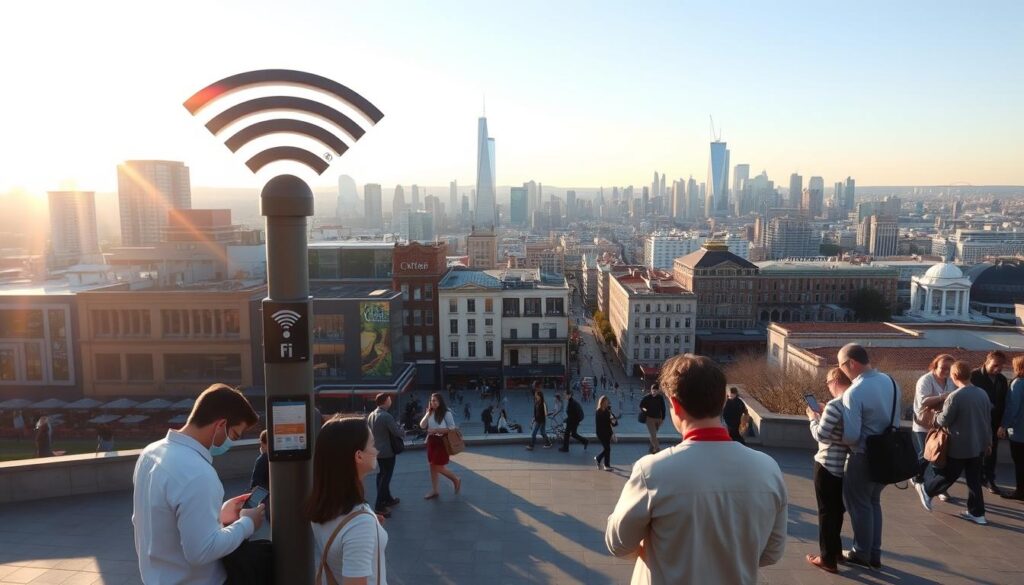 A modern cityscape bathed in warm, golden sunlight. In the foreground, a group of people are gathered around a free public WiFi access point, their devices connected and screens aglow. The middle ground features various buildings, cafes, and shops, with people strolling and enjoying the vibrant atmosphere. In the background, a sprawling urban landscape with skyscrapers and a clear blue sky. The scene conveys a sense of connectivity, convenience, and the ease of accessing free WiFi in any public space. A modern cityscape bathed in warm, golden sunlight. In the foreground, a group of people are gathered around a free public WiFi access point, their devices connected and screens aglow. The middle ground features various buildings, cafes, and shops, with people strolling and enjoying the vibrant atmosphere. In the background, a sprawling urban landscape with skyscrapers and a clear blue sky. The scene conveys a sense of connectivity, convenience, and the ease of accessing free WiFi in any public space.