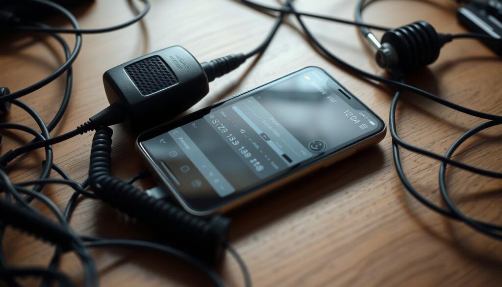 A smartphone resting on a wooden surface, its screen displaying a user interface with radio controls and frequency displays. The device is surrounded by various amateur radio accessories, such as a microphone, headphones, and cables, creating a cluttered yet organized setup. The lighting is soft and diffused, casting gentle shadows that add depth and dimension to the scene. The overall mood is one of functionality and technical interest, inviting the viewer to explore the potential of transforming a smartphone into a capable amateur radio transceiver.