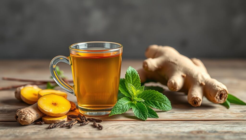 Um jantar tranquilo com uma infusão natural de chá, com sua tonalidade âmbar dourada brilhando em uma xícara de vidro. A bebida é cercada por folhas frescas de chá, fatias de gengibre e um maço de hortelã, tudo cuidadosamente disposto sobre uma superfície de madeira. A iluminação suave e difusa no topo produz um brilho aconchegante e convidativo, destacando os benefícios naturais da bebida. A composição é equilibrada, pois se destaca, sugerindo sutilmente seu potencial para melhorar o desempenho físico e mental. A atmosfera geral é de simplicidade, pureza e do poder da natureza de nutrir e rejuvenescer.