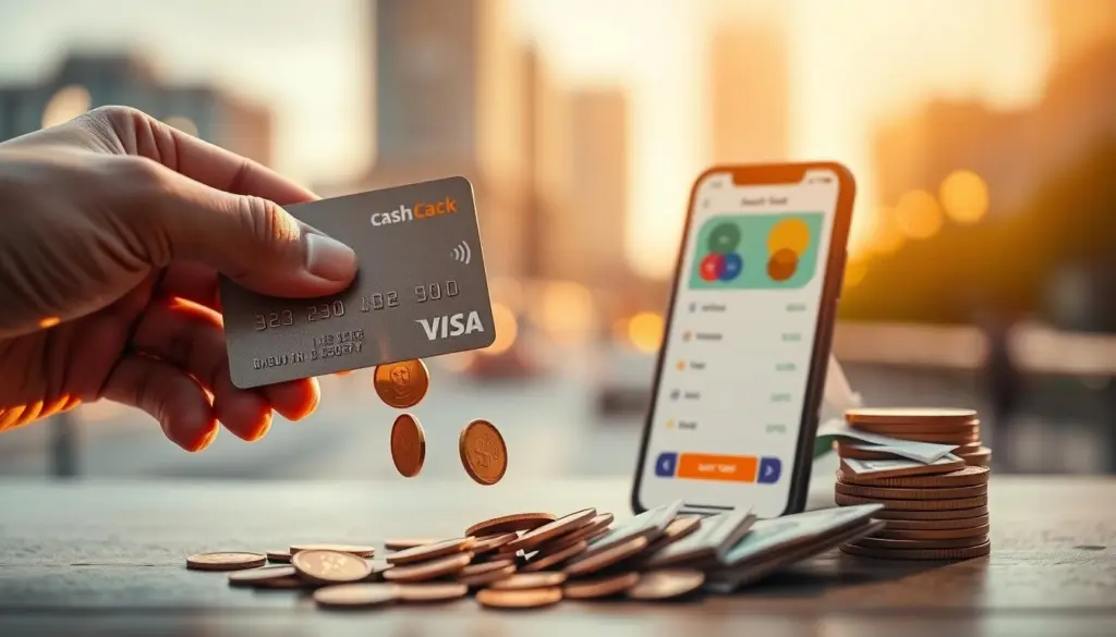 A vibrant and dynamic scene showcasing the power of cashback. In the foreground, a person's hand holds a credit card, its surface shimmering with a metallic finish. Beside it, coins and bills cascade down, symbolizing the real cash rewards being earned. The midground features a smartphone screen displaying a mobile app interface, its clean design and intuitive layout highlighting the ease of converting purchases into instant cash. In the background, a blurred cityscape sets the scene, suggesting the everyday nature of these financial transactions. Warm lighting casts a golden glow, conveying a sense of prosperity and financial empowerment. The overall composition exudes a contemporary, tech-savvy aesthetic that aligns with the article's subject matter. A vibrant and dynamic scene showcasing the power of cashback. In the foreground, a person's hand holds a credit card, its surface shimmering with a metallic finish. Beside it, coins and bills cascade down, symbolizing the real cash rewards being earned. The midground features a smartphone screen displaying a mobile app interface, its clean design and intuitive layout highlighting the ease of converting purchases into instant cash. In the background, a blurred cityscape sets the scene, suggesting the everyday nature of these financial transactions. Warm lighting casts a golden glow, conveying a sense of prosperity and financial empowerment. The overall composition exudes a contemporary, tech-savvy aesthetic that aligns with the article's subject matter.