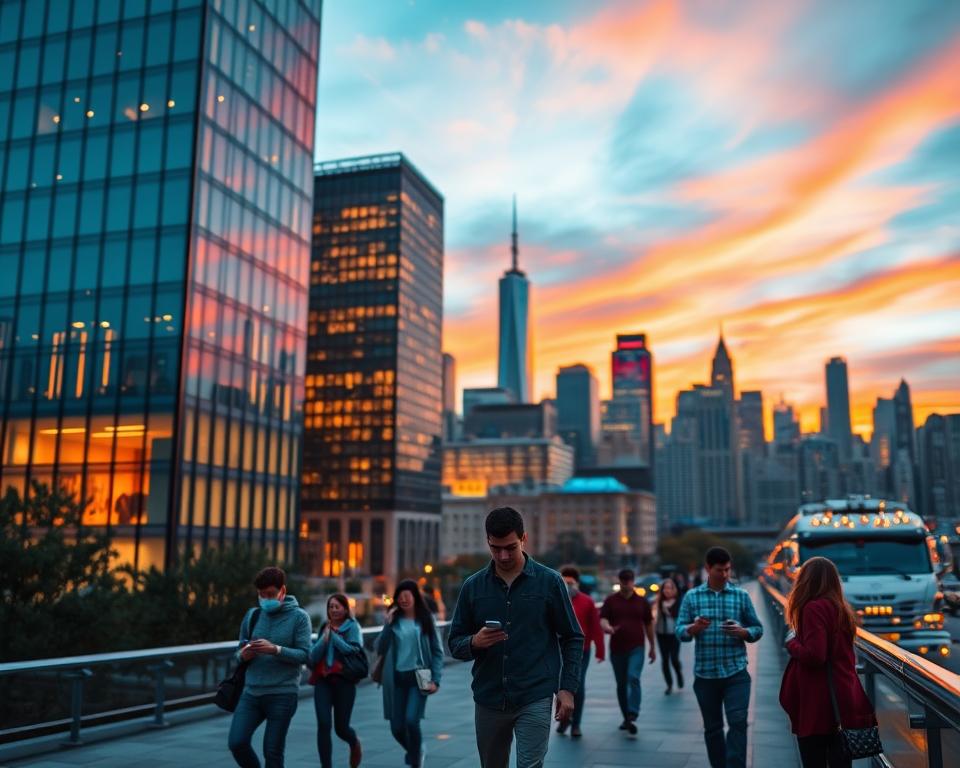 A vivid cityscape at dusk, with a modern high-rise building in the foreground, its sleek glass facade illuminated by warm interior lighting. In the middle ground, people stroll along a bustling city street, smartphones in hand, immersed in mobile entertainment. The background is a panoramic view of the skyline, with skyscrapers silhouetted against a vibrant orange-hued sky. Subtle lens flares and a shallow depth of field create a cinematic, immersive atmosphere, conveying the excitement and convenience of streaming content on the go. A vivid cityscape at dusk, with a modern high-rise building in the foreground, its sleek glass facade illuminated by warm interior lighting. In the middle ground, people stroll along a bustling city street, smartphones in hand, immersed in mobile entertainment. The background is a panoramic view of the skyline, with skyscrapers silhouetted against a vibrant orange-hued sky. Subtle lens flares and a shallow depth of field create a cinematic, immersive atmosphere, conveying the excitement and convenience of streaming content on the go.