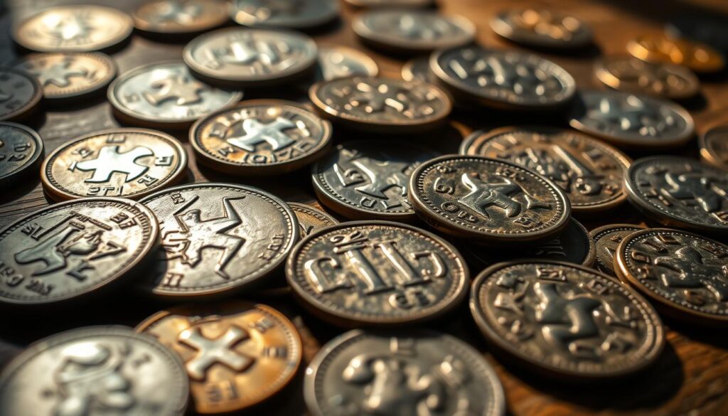 A well-lit, close-up view of a collection of ancient coins on a wooden table. The coins are arranged in a visually appealing manner, with some overlapping and others spaced out to showcase their unique designs and patinas. The lighting casts subtle shadows, highlighting the intricate details and textures of the coins. The background is softly blurred, allowing the coins to be the focal point. The scene conveys a sense of historical significance and the thrill of identifying rare and valuable numismatic treasures. A well-lit, close-up view of a collection of ancient coins on a wooden table. The coins are arranged in a visually appealing manner, with some overlapping and others spaced out to showcase their unique designs and patinas. The lighting casts subtle shadows, highlighting the intricate details and textures of the coins. The background is softly blurred, allowing the coins to be the focal point. The scene conveys a sense of historical significance and the thrill of identifying rare and valuable numismatic treasures.
