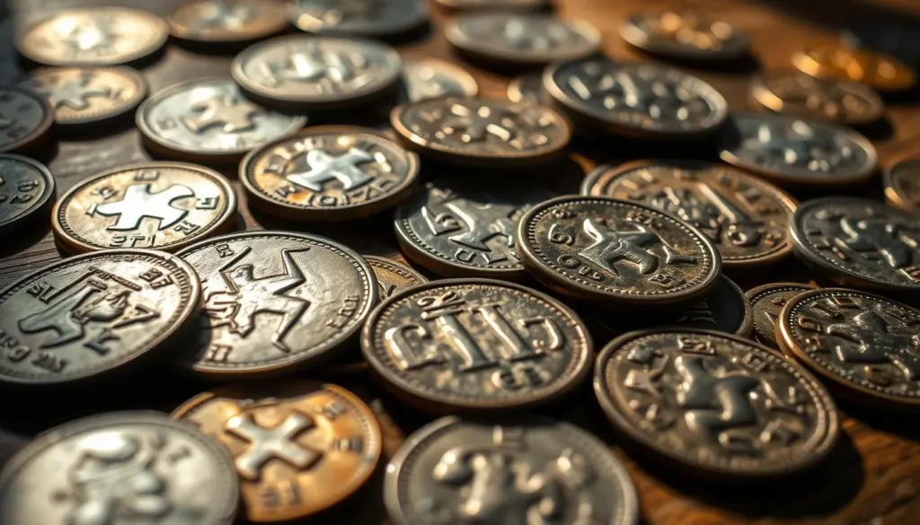 A well-lit, close-up view of a collection of ancient coins on a wooden table. The coins are arranged in a visually appealing manner, with some overlapping and others spaced out to showcase their unique designs and patinas. The lighting casts subtle shadows, highlighting the intricate details and textures of the coins. The background is softly blurred, allowing the coins to be the focal point. The scene conveys a sense of historical significance and the thrill of identifying rare and valuable numismatic treasures. A well-lit, close-up view of a collection of ancient coins on a wooden table. The coins are arranged in a visually appealing manner, with some overlapping and others spaced out to showcase their unique designs and patinas. The lighting casts subtle shadows, highlighting the intricate details and textures of the coins. The background is softly blurred, allowing the coins to be the focal point. The scene conveys a sense of historical significance and the thrill of identifying rare and valuable numismatic treasures.