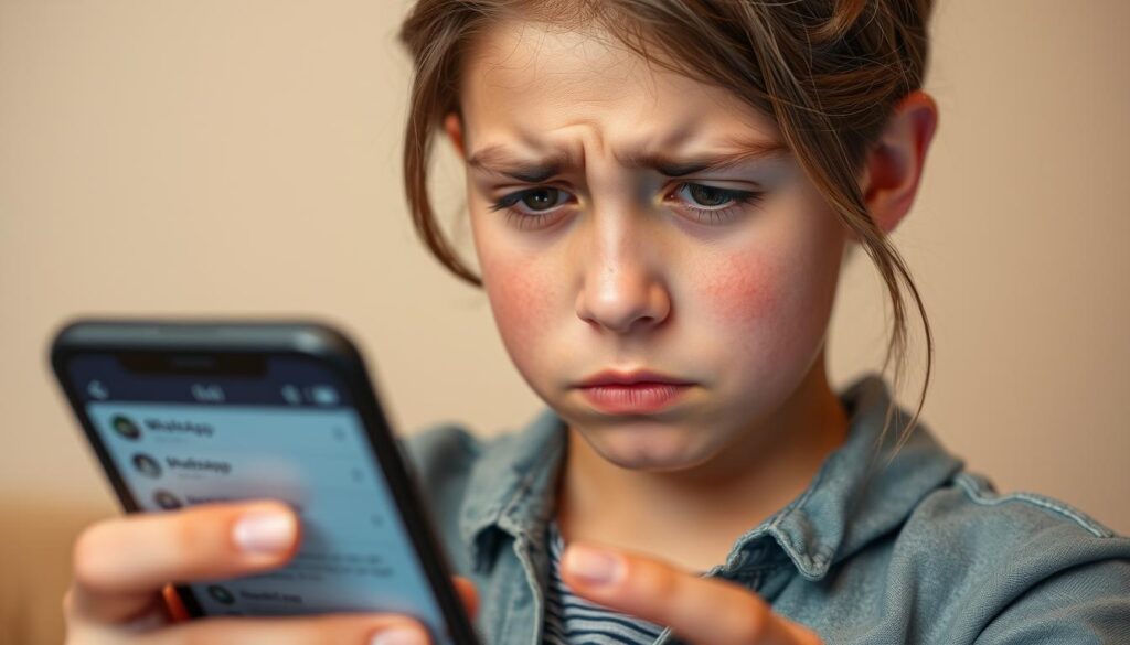Adolescente preocupado mirando mensajes de WhatsApp en su teléfono