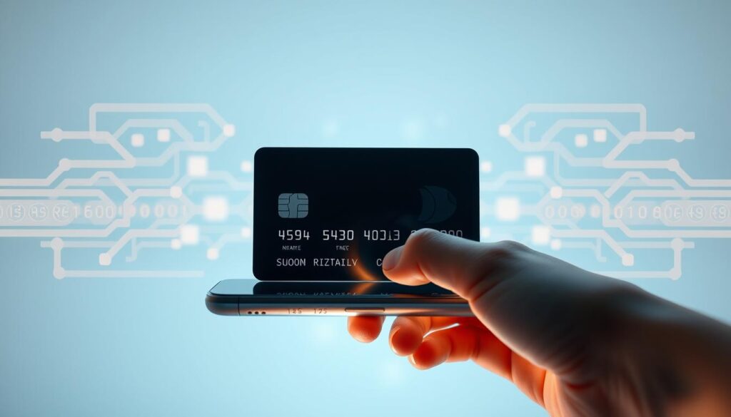 An elegant, secure mobile application interface with a sleek credit card design at the center. Soft, ambient lighting illuminates the screen, creating a sense of trust and reliability. The card's surface reflects the user's hand, suggesting the tactile interaction and ease of use. In the background, subtle patterns and geometric shapes evoke the complex algorithms and encryption protocols that safeguard the user's financial data. The overall composition conveys a balanced, modern aesthetic that inspires confidence in the app's security features.