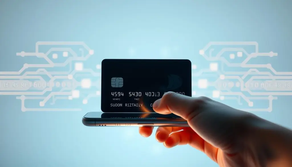 An elegant, secure mobile application interface with a sleek credit card design at the center. Soft, ambient lighting illuminates the screen, creating a sense of trust and reliability. The card's surface reflects the user's hand, suggesting the tactile interaction and ease of use. In the background, subtle patterns and geometric shapes evoke the complex algorithms and encryption protocols that safeguard the user's financial data. The overall composition conveys a balanced, modern aesthetic that inspires confidence in the app's security features. An elegant, secure mobile application interface with a sleek credit card design at the center. Soft, ambient lighting illuminates the screen, creating a sense of trust and reliability. The card's surface reflects the user's hand, suggesting the tactile interaction and ease of use. In the background, subtle patterns and geometric shapes evoke the complex algorithms and encryption protocols that safeguard the user's financial data. The overall composition conveys a balanced, modern aesthetic that inspires confidence in the app's security features.
