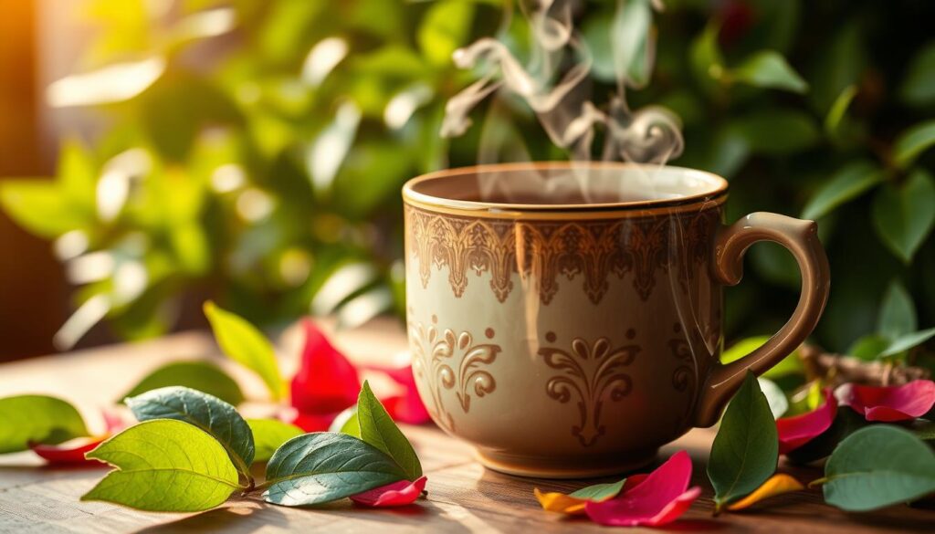 An energizing cup of aromatic tea, steam gently rising, set against a backdrop of lush green foliage. The delicate ceramic mug, handcrafted with intricate patterns, reflects the warm lighting that casts a cozy ambiance. Vibrant leaves and petals adorn the table, hinting at the natural and rejuvenating properties of this nourishing beverage. The composition is captured with a shallow depth of field, drawing the viewer's focus to the captivating details of the tea and its serene setting. This image conveys the daily benefits of an energizing tea routine, inspiring a sense of balance, vitality, and mindful self-care. An energizing cup of aromatic tea, steam gently rising, set against a backdrop of lush green foliage. The delicate ceramic mug, handcrafted with intricate patterns, reflects the warm lighting that casts a cozy ambiance. Vibrant leaves and petals adorn the table, hinting at the natural and rejuvenating properties of this nourishing beverage. The composition is captured with a shallow depth of field, drawing the viewer's focus to the captivating details of the tea and its serene setting. This image conveys the daily benefits of an energizing tea routine, inspiring a sense of balance, vitality, and mindful self-care.