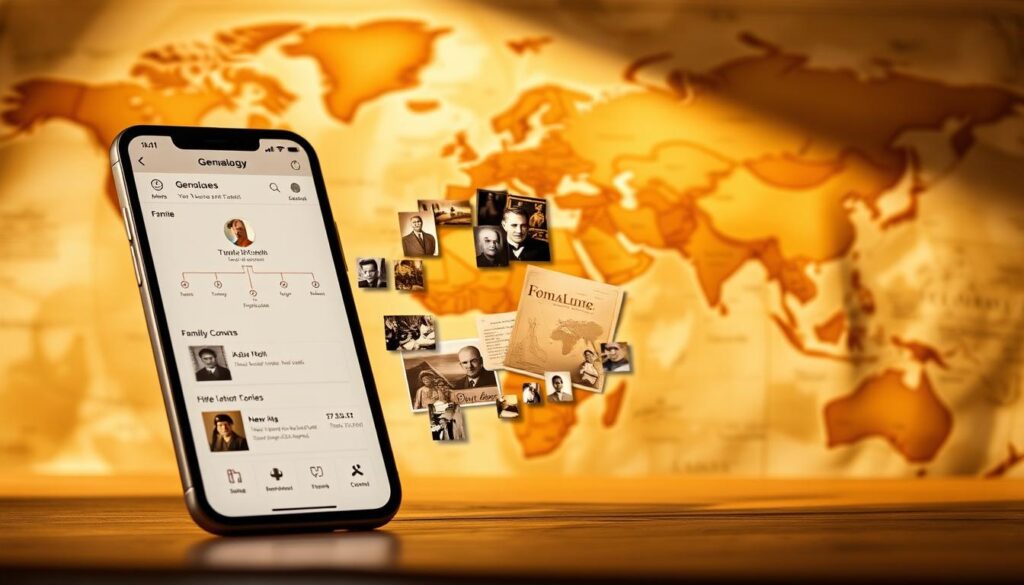 Imagem da interface de um aplicativo de genealogia exibida em um smartphone moderno e elegante. O primeiro plano mostra a tela principal do aplicativo com uma visualização da árvore genealógica, botões de navegação intuitivos e detalhes do perfil do usuário. O plano central apresenta fotos de família, documentos históricos e outras recordações sobrepostas à interface do aplicativo. O fundo retrata um mapa-múndi em tons quentes de sépia, simbolizando o alcance global e a profundidade histórica da jornada ancestral do usuário. A iluminação é suave e natural, criando uma atmosfera contemplativa e nostálgica. A composição geral transmite a capacidade do aplicativo de conectar perfeitamente os usuários com seu passado e revelar a rica tapeçaria de sua família.