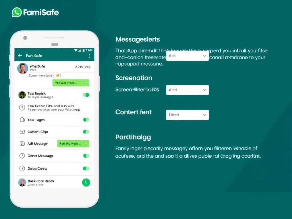 Aplicación FamiSafe mostrando funciones de monitoreo de WhatsApp