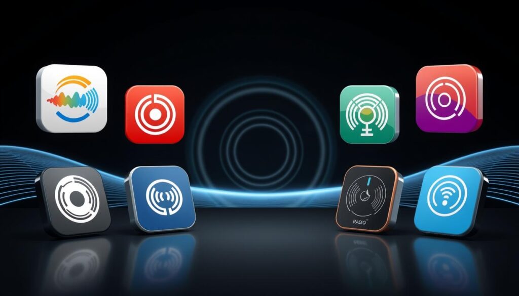 Comparativa de apps de radioaficionado, presentadas en un escenario moderno y minimalista. En primer plano, iconos y capturas de pantalla de cinco aplicaciones destacadas, cada una con un diseño único y una paleta de colores diferenciada. En el fondo, una representación visual de ondas de radio y señales electromagnéticas, creando un ambiente tecnológico y profesional. La iluminación es suave y directa, enfatizando los detalles de las aplicaciones. La composición es equilibrada y simétrica, guiando la atención del espectador hacia las apps de forma clara y concisa.
