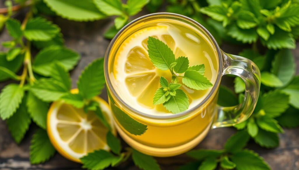 Generar imagen de una infusión de hierba luisa con hojas frescas. Generar imagen de una infusión de hierba luisa con hojas frescas.