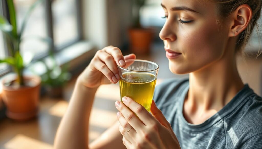 Imagine uma pessoa bebendo chá verde antes de uma sessão de exercícios