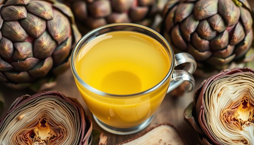 Generar imagen de una taza de té de alcachofa con alcachofas frescas. Generar imagen de una taza de té de alcachofa con alcachofas frescas.