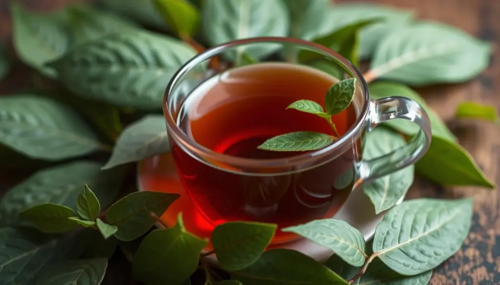 Generar imagen de una taza de té de boldo con hojas de boldo. Generar imagen de una taza de té de boldo con hojas de boldo.