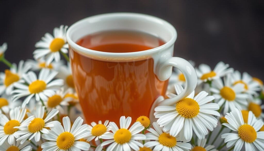 Generar imagen de una taza de té de manzanilla con flores de manzanilla alrededor. Generar imagen de una taza de té de manzanilla con flores de manzanilla alrededor.