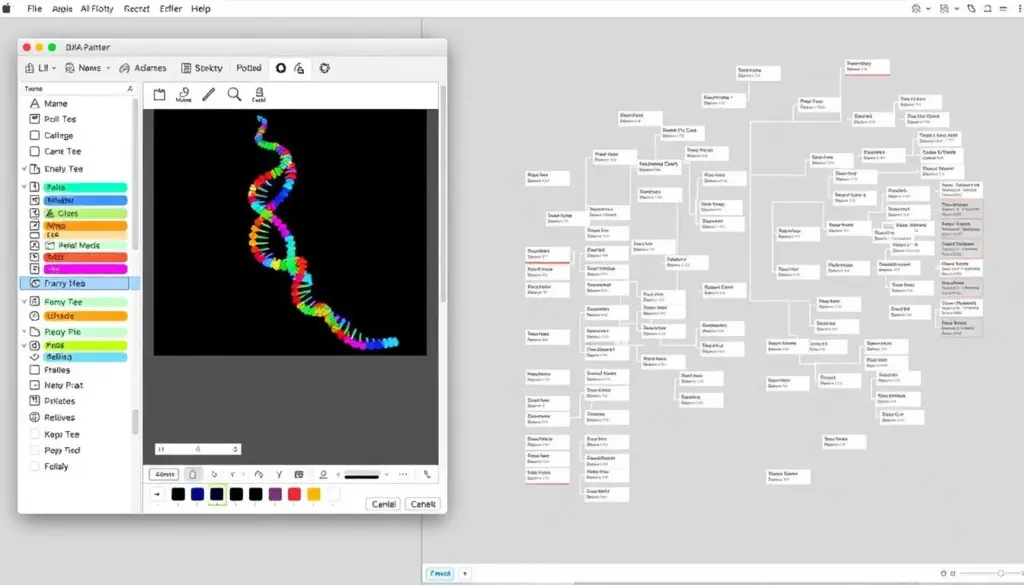 Gerar uma imagem representando a interface do DNA Painter com um mapa genealógico Gerar uma imagem representando a interface do DNA Painter com um mapa genealógico