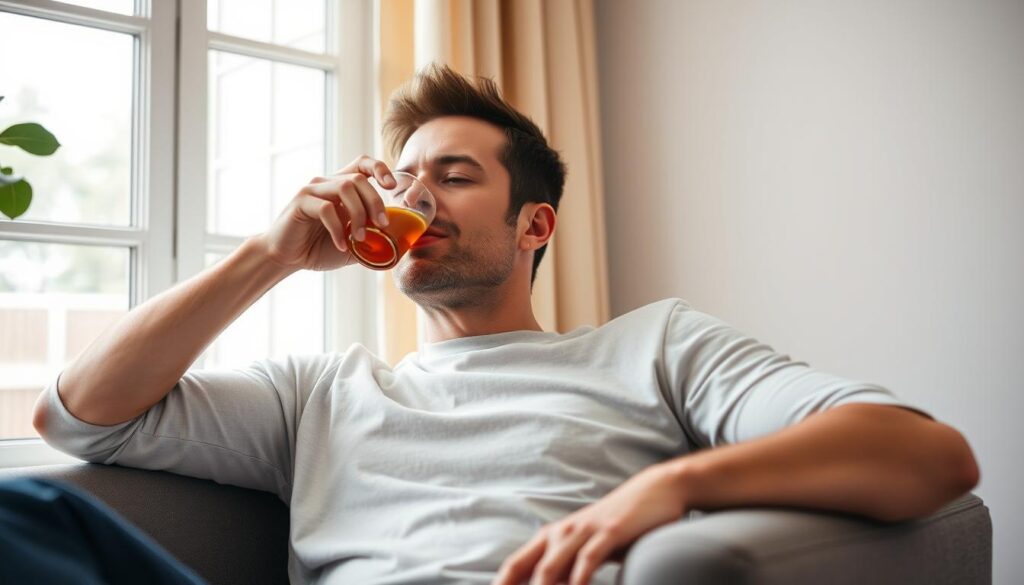 Hombre disfrutando de té revitalizante en un momento de tranquilidad Hombre disfrutando de té revitalizante en un momento de tranquilidad