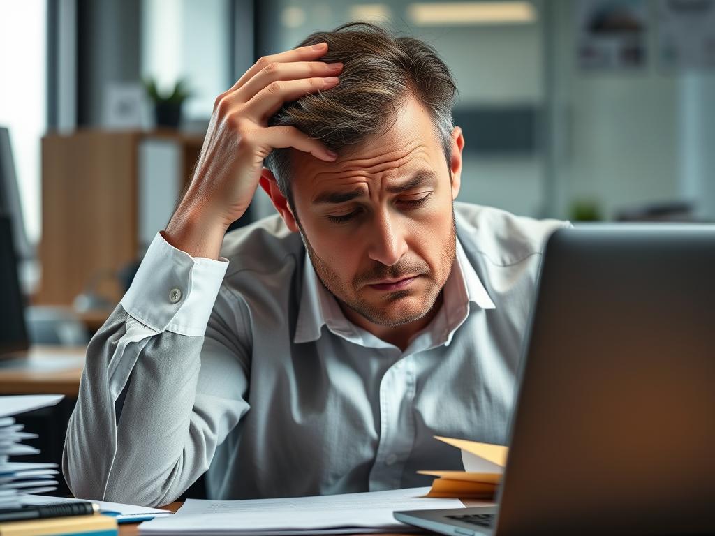 Hombre estresado en oficina mostrando signos de fatiga y agotamiento Hombre estresado en oficina mostrando signos de fatiga y agotamiento