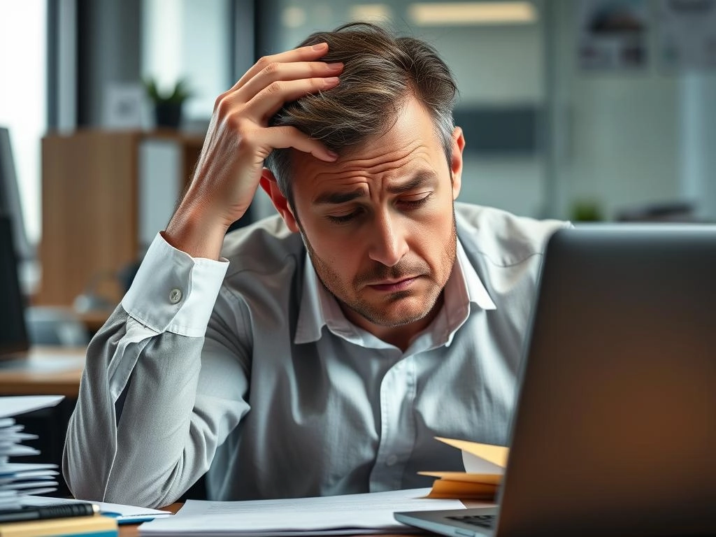 Hombre estresado en oficina mostrando signos de fatiga y agotamiento Hombre estresado en oficina mostrando signos de fatiga y agotamiento
