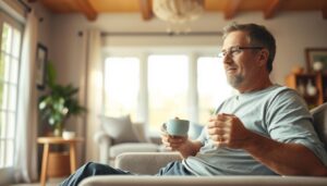 Hombre relajado disfrutando de una taza de té natural revitalizante en un entorno tranquilo