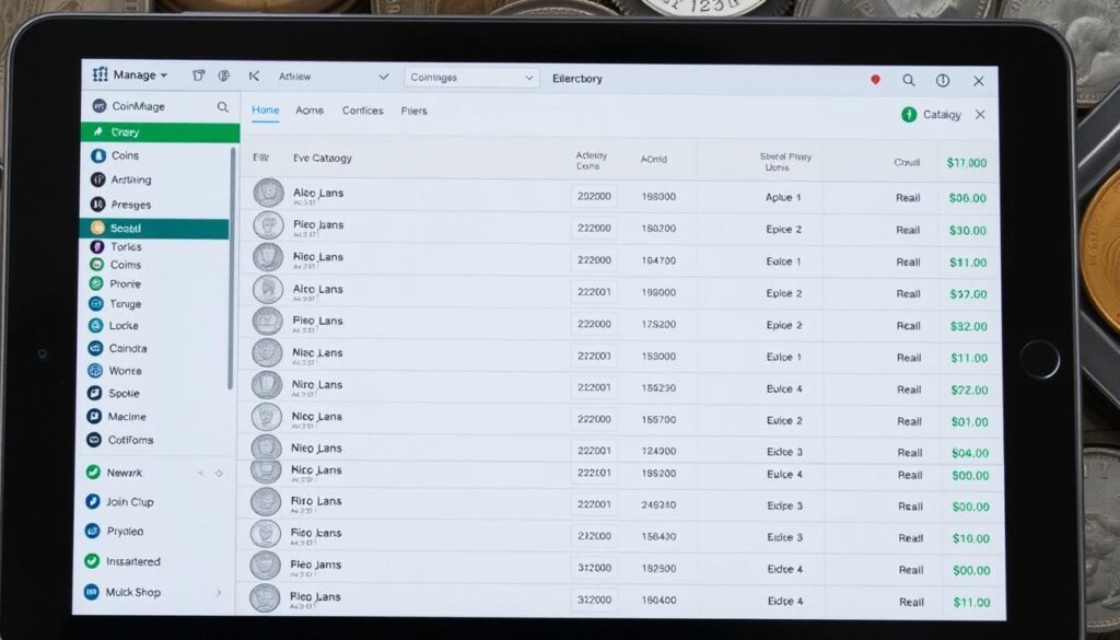 Imagen de la aplicación CoinManage en uso, mostrando un catálogo de monedas. Imagen de la aplicación CoinManage en uso, mostrando un catálogo de monedas.