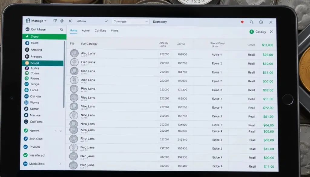 Imagen de la aplicación CoinManage en uso, mostrando un catálogo de monedas. Imagen de la aplicación CoinManage en uso, mostrando un catálogo de monedas.