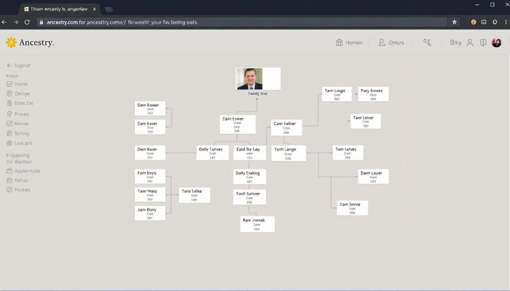 Imagem da interface do usuário do Ancestry.com mostrando uma árvore genealógica