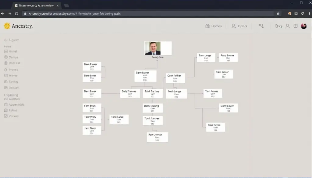 Imagem da interface do usuário do Ancestry.com mostrando uma árvore genealógica Imagem da interface do usuário do Ancestry.com mostrando uma árvore genealógica