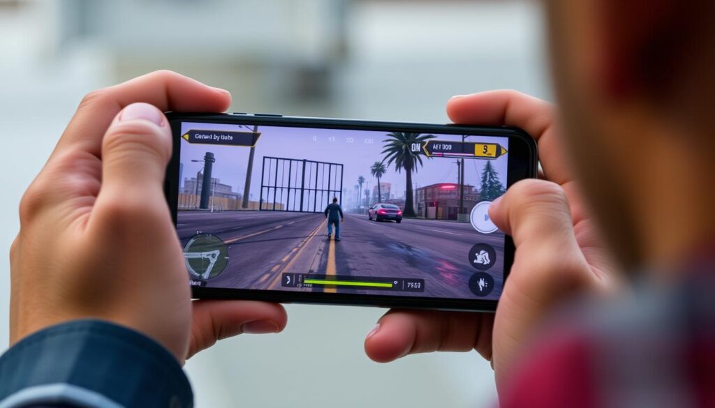 Imagen de una persona jugando GTA5 en un dispositivo móvil Imagen de una persona jugando GTA5 en un dispositivo móvil